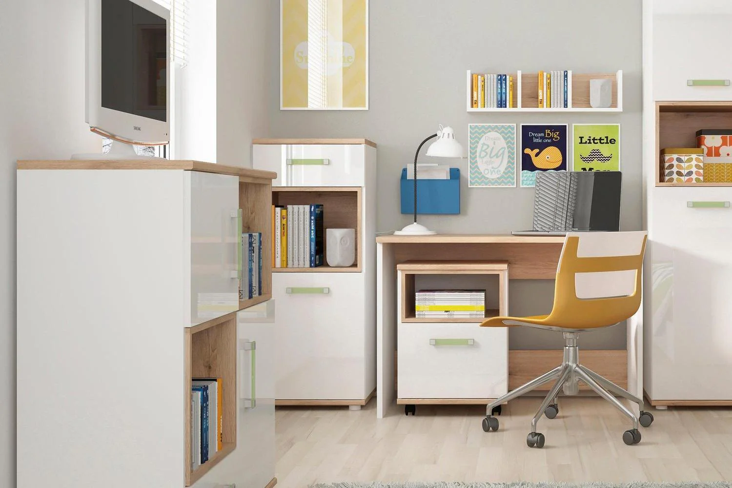 4kids 2 Door 1 Drawer Cupboard With 2 Open Shelves With Lemon Handles - Image 3