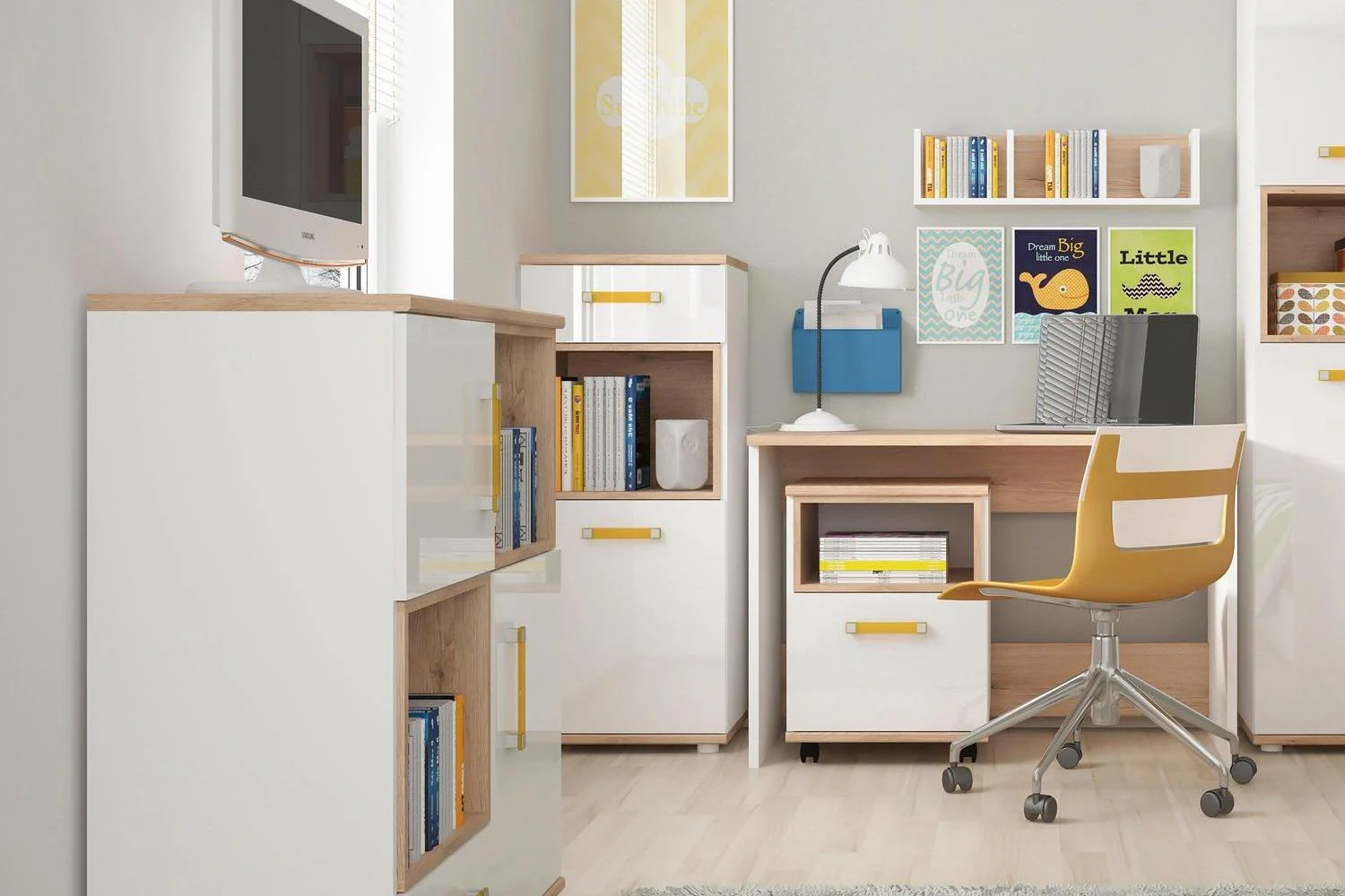 4kids 2 Door 1 Drawer Cupboard With 2 Open Shelves With Orange Handles - Image 3