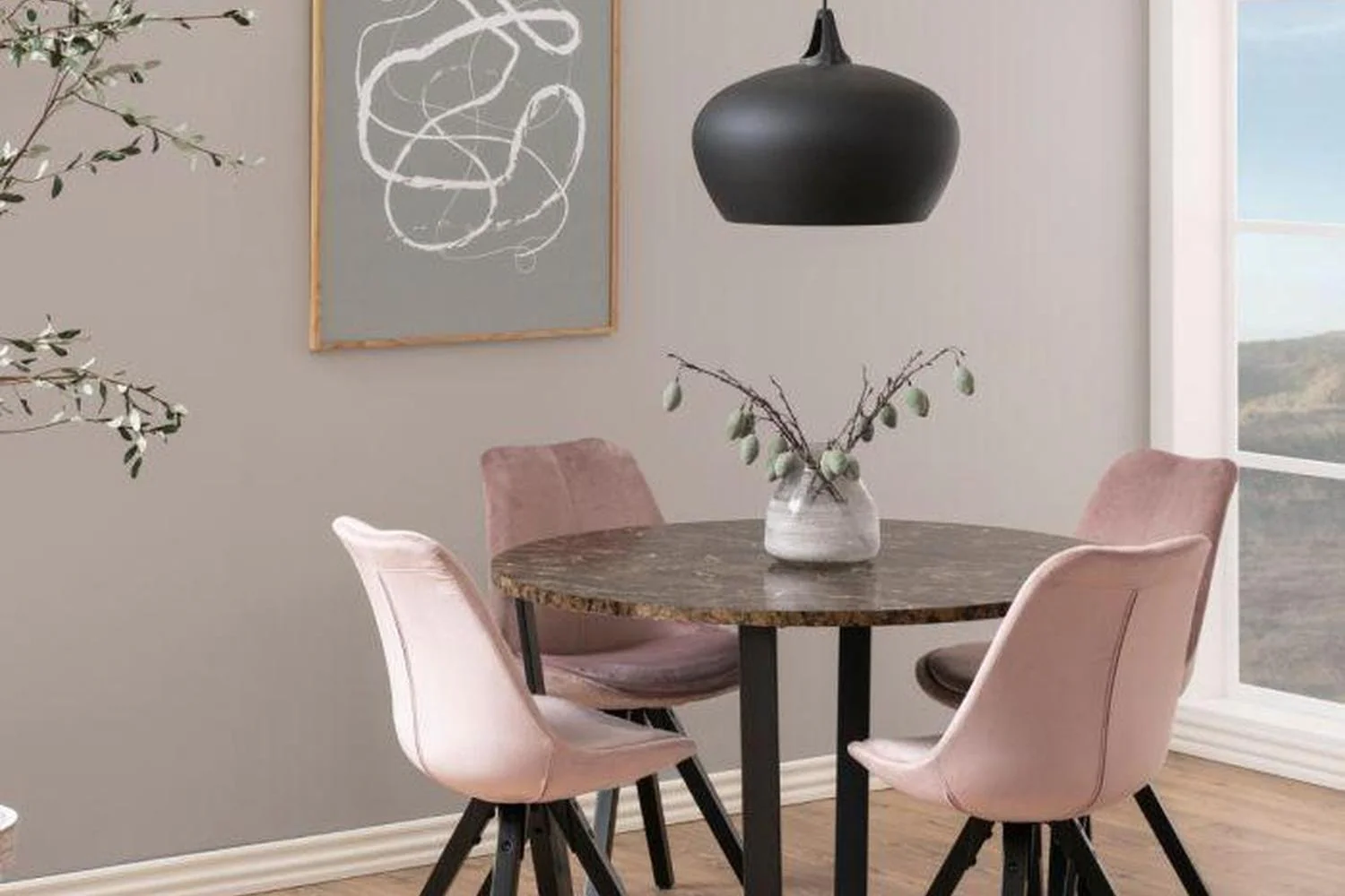 Amble Round Dining Table with Brown Marble Melamine Top & Black Legs 110cm - Image 6