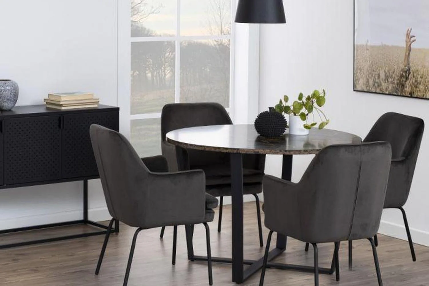 Amble Round Dining Table with Brown Marble Melamine Top & Black Legs 110cm - Image 7