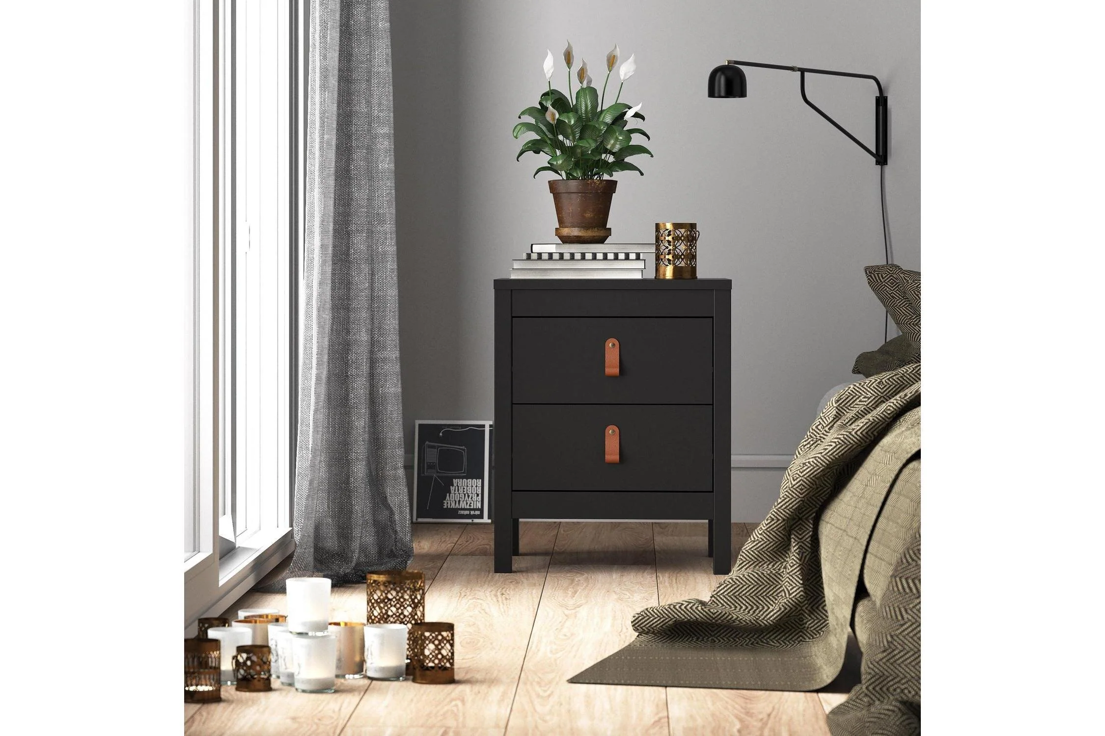Barcelona Bedside Table 2 Drawers In Matt Black - Image 6