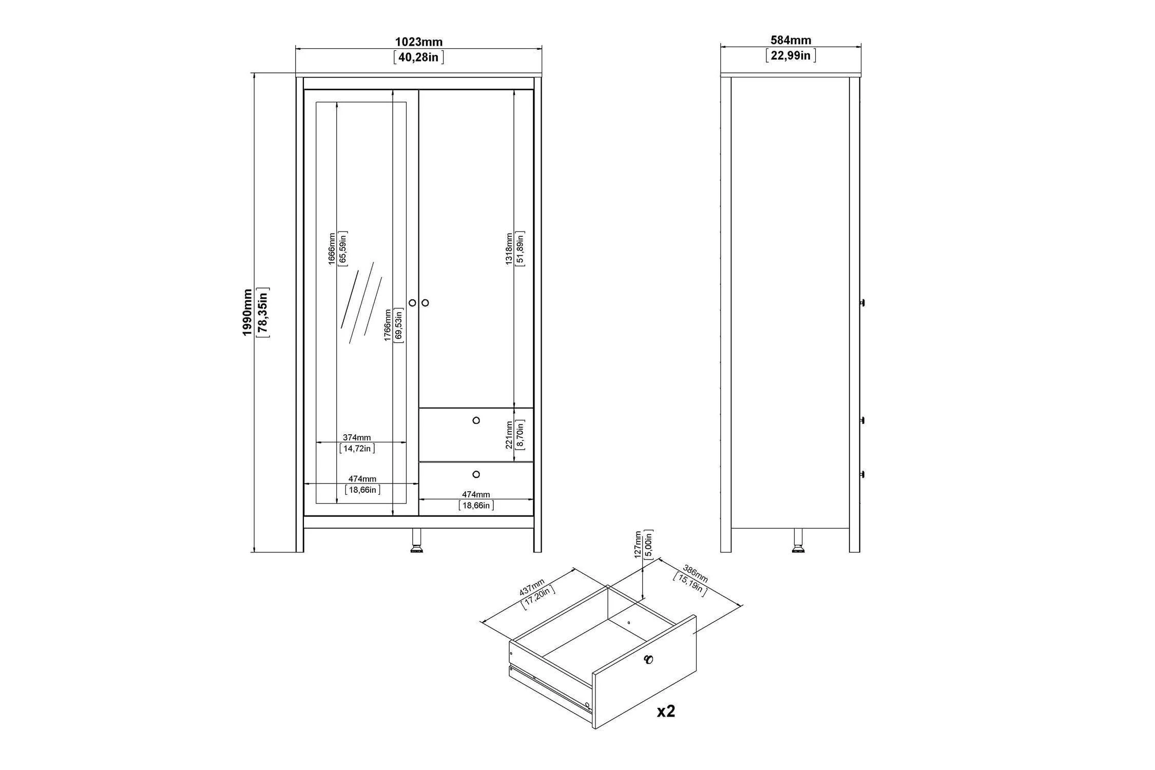 Barcelona Wardrobe With 1 Door 1 Mirror Door 2 Drawers In White - Image 9