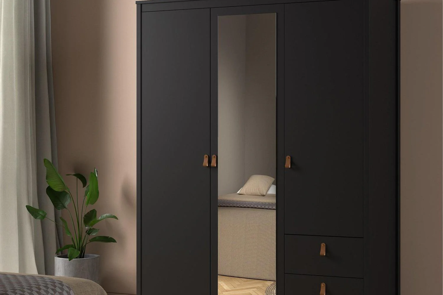 Barcelona Wardrobe With 2 Doors 1 Mirror Door 2 Drawers In Matt Black - Image 6