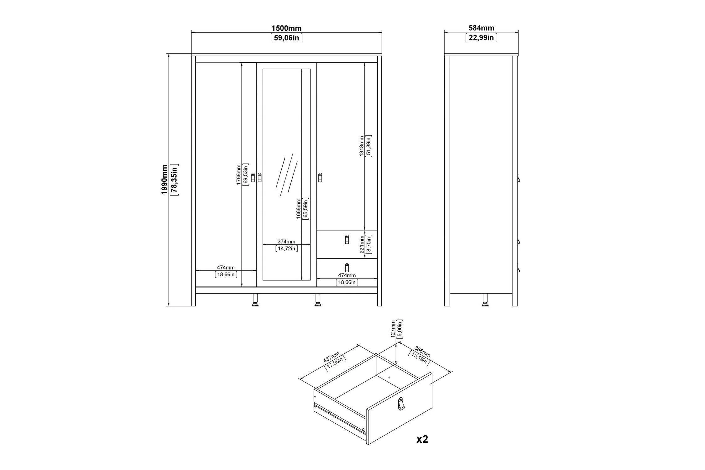 Barcelona Wardrobe With 2 Doors 1 Mirror Door 2 Drawers In Matt Black - Image 9