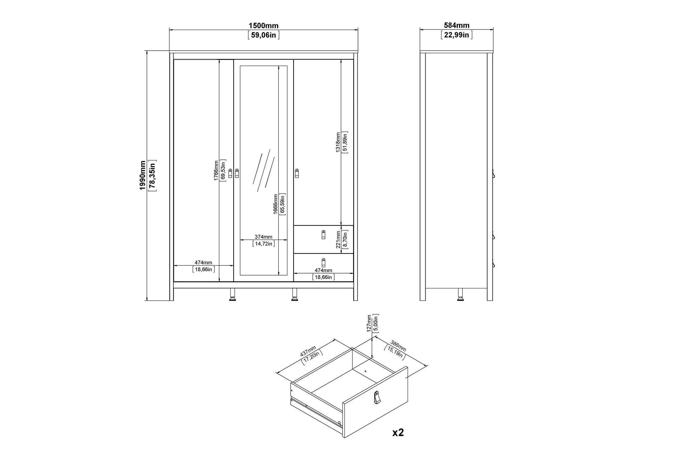 Barcelona Wardrobe With 2 Doors 1 Mirror Door 2 Drawers In White - Image 9
