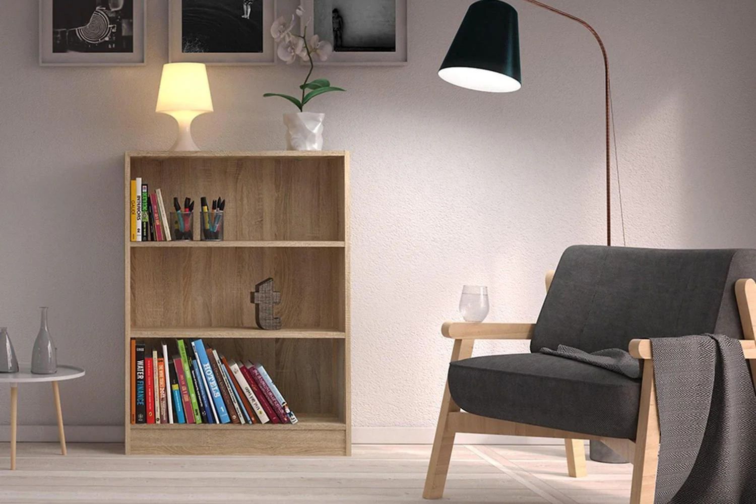 Basic Low Wide 2 Shelf Bookcase in Oak - Image 5