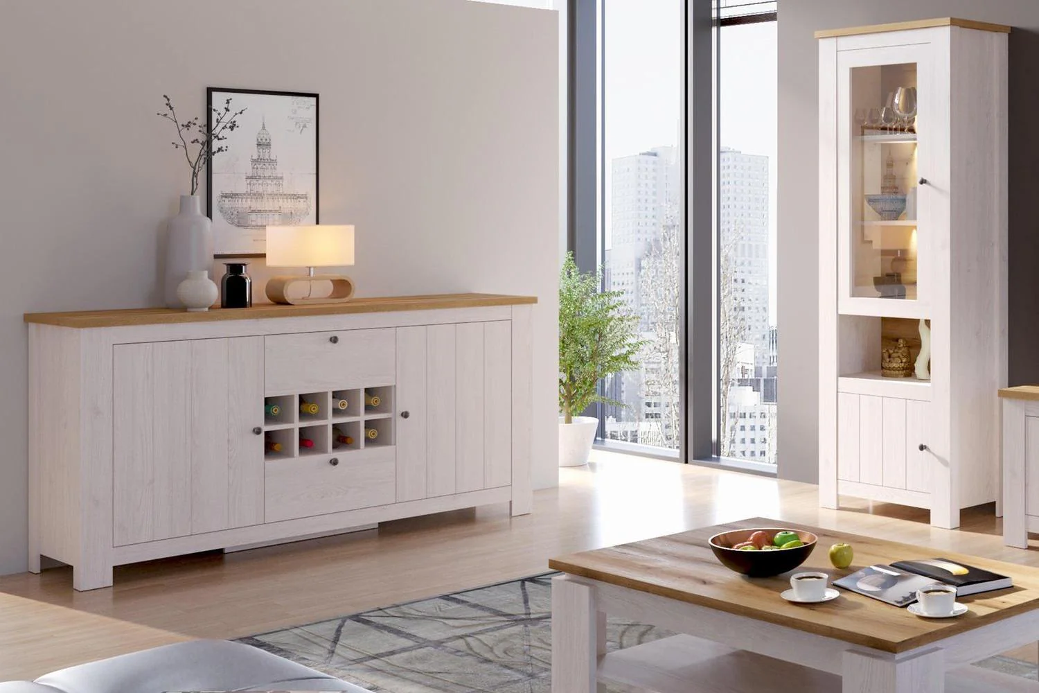 Celesto 2 Door 2 Drawer Sideboard With Wine Rack In White And Oak - Image 3