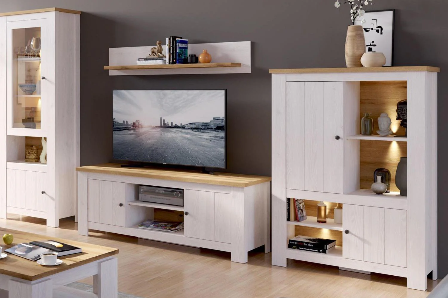Celesto 2 Door 4 Shelves Cabinet In White And Oak - Image 3