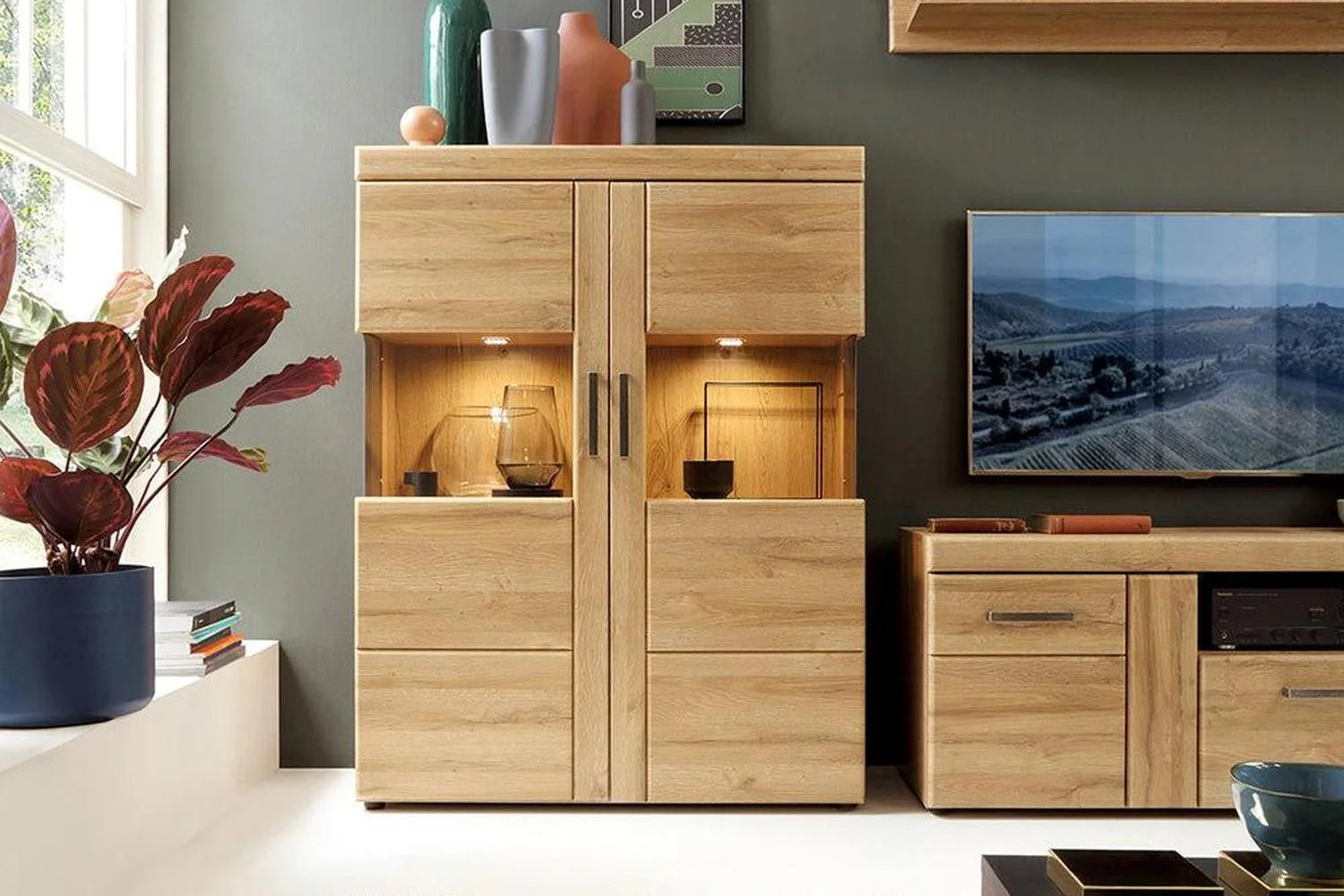 Cortina 2 Door 1 Drawer Tall Tv Cabinet In Grandson Oak - Image 5