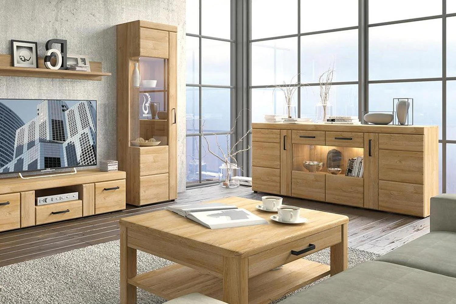 Cortina Tall Glazed Display Cabinet (LH) In Grandson Oak - Image 3