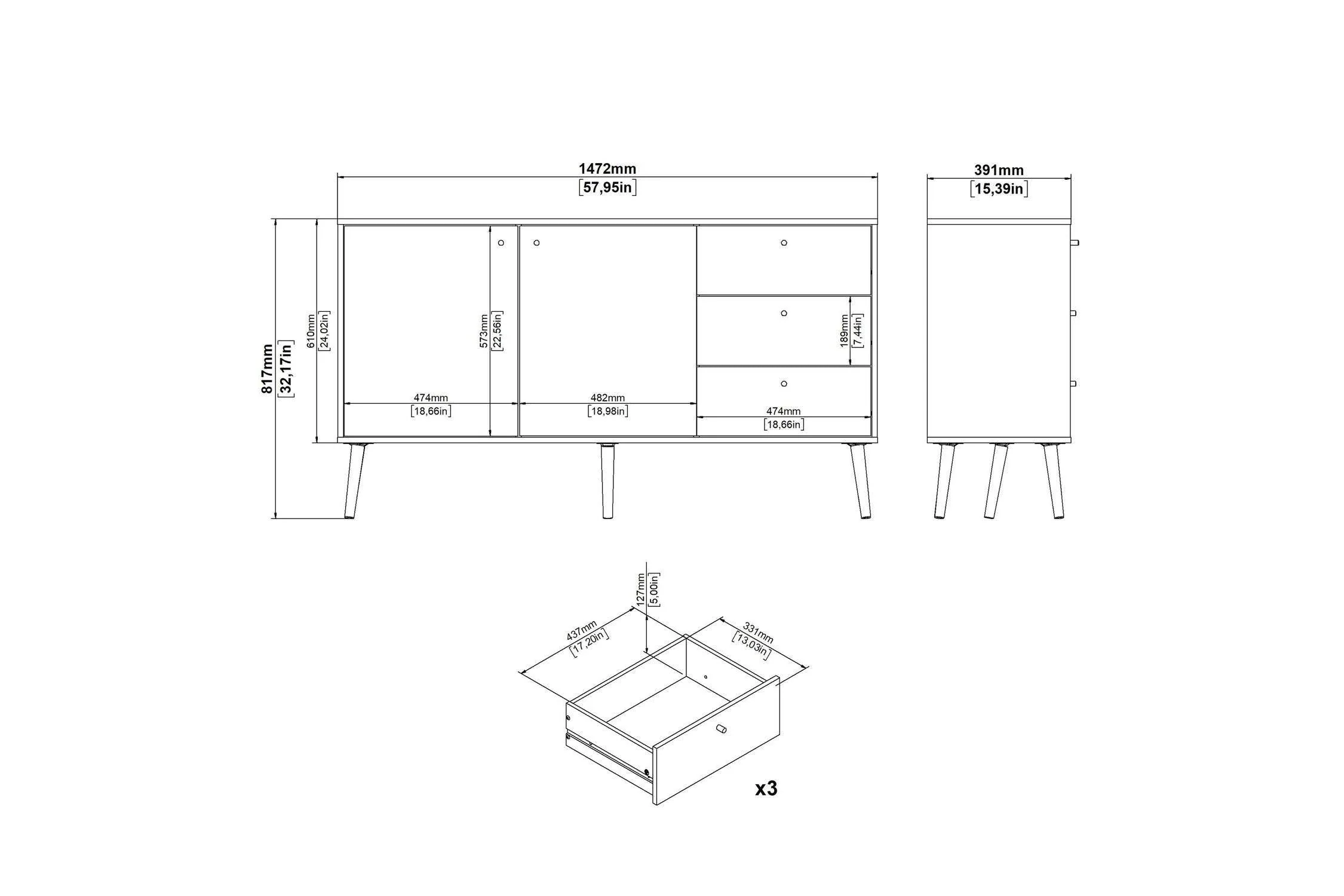 Cumbria Sideboard 2 Doors + 3 Drawers White - Image 10