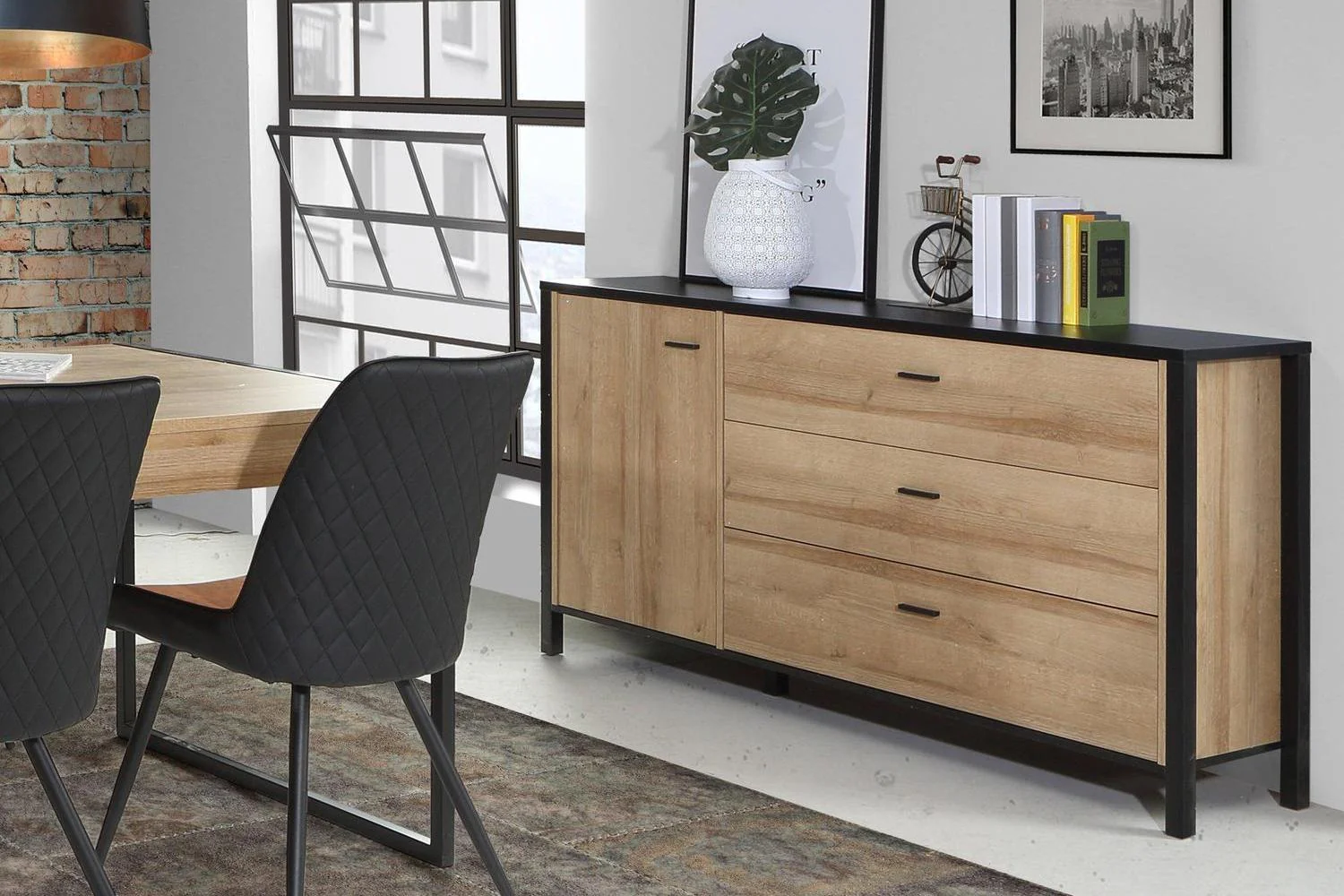 High Rock 1 Door 3 Drawer Sideboard In Matt Black/Riviera Oak - Image 5