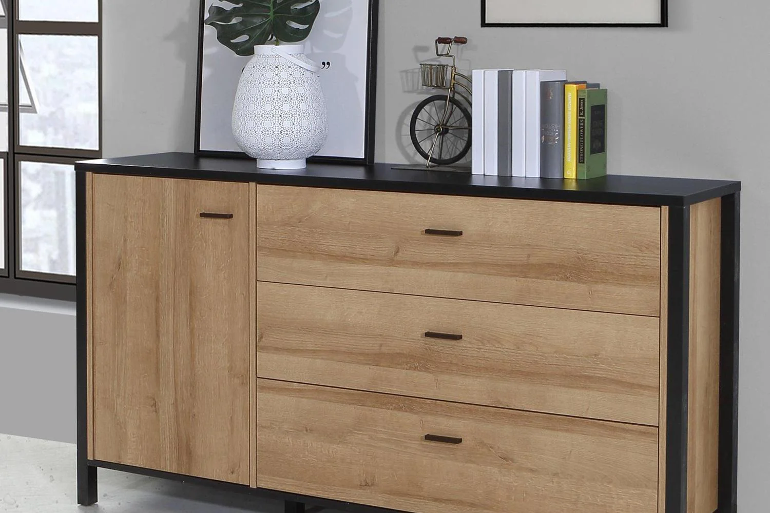 High Rock 1 Door 3 Drawer Sideboard In Matt Black/Riviera Oak - Image 7