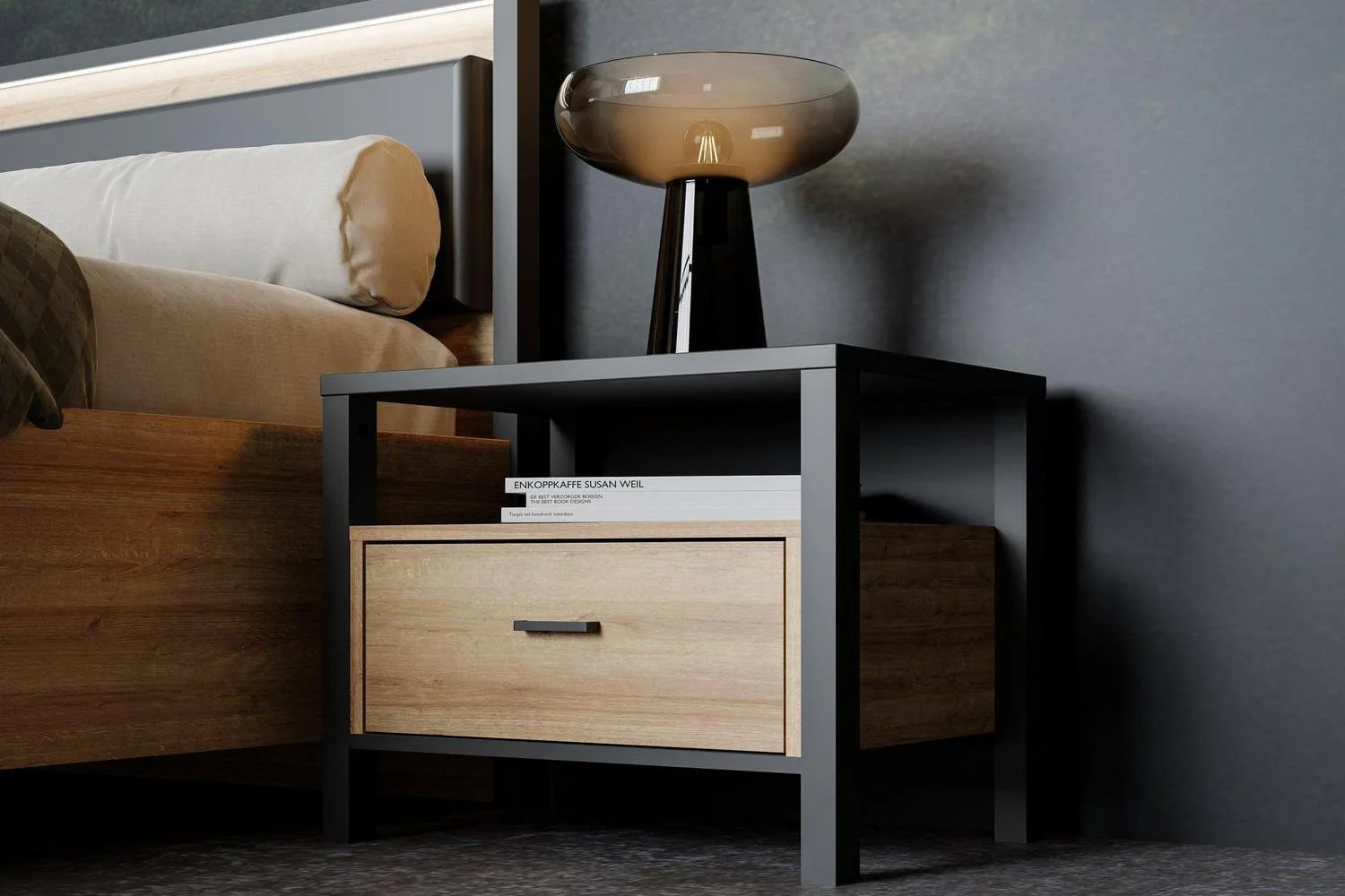 High Rock Bedside In Matt Black/Riviera Oak - Image 7