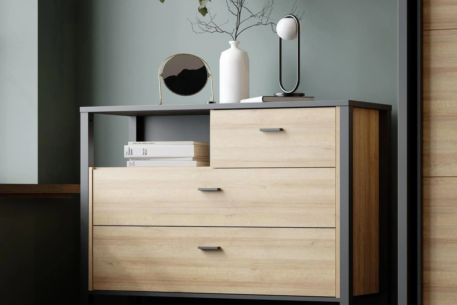 High Rock Chest Of 3 Drawers In Matt Black/Riviera Oak - Image 6