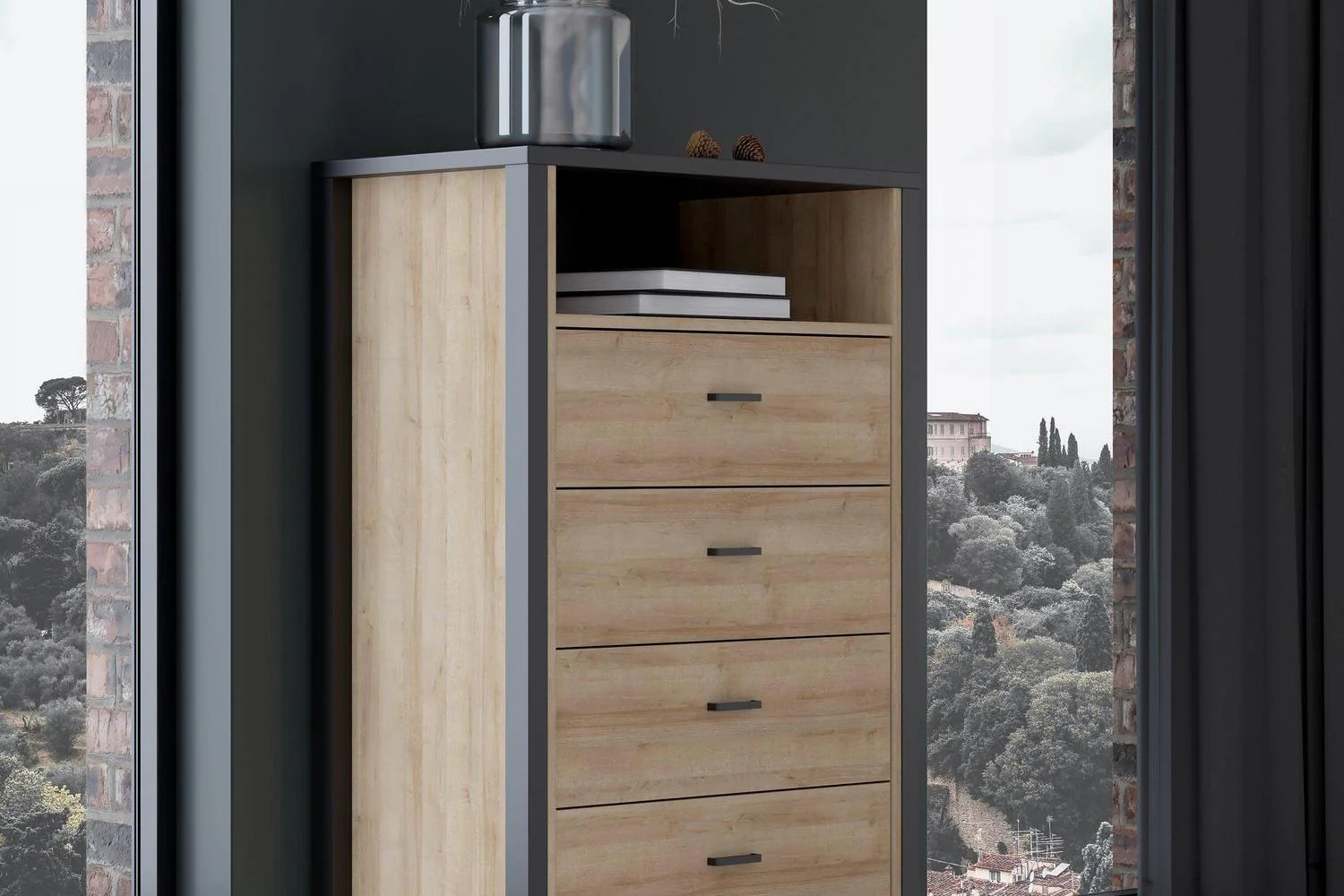 High Rock Chest Of 4 Drawers In Matt Black/Riviera Oak - Image 7