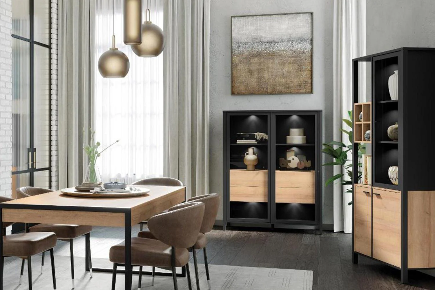 High Rock Extra Wide Display Cabinet In Matt Black/Riviera Oak - Image 7