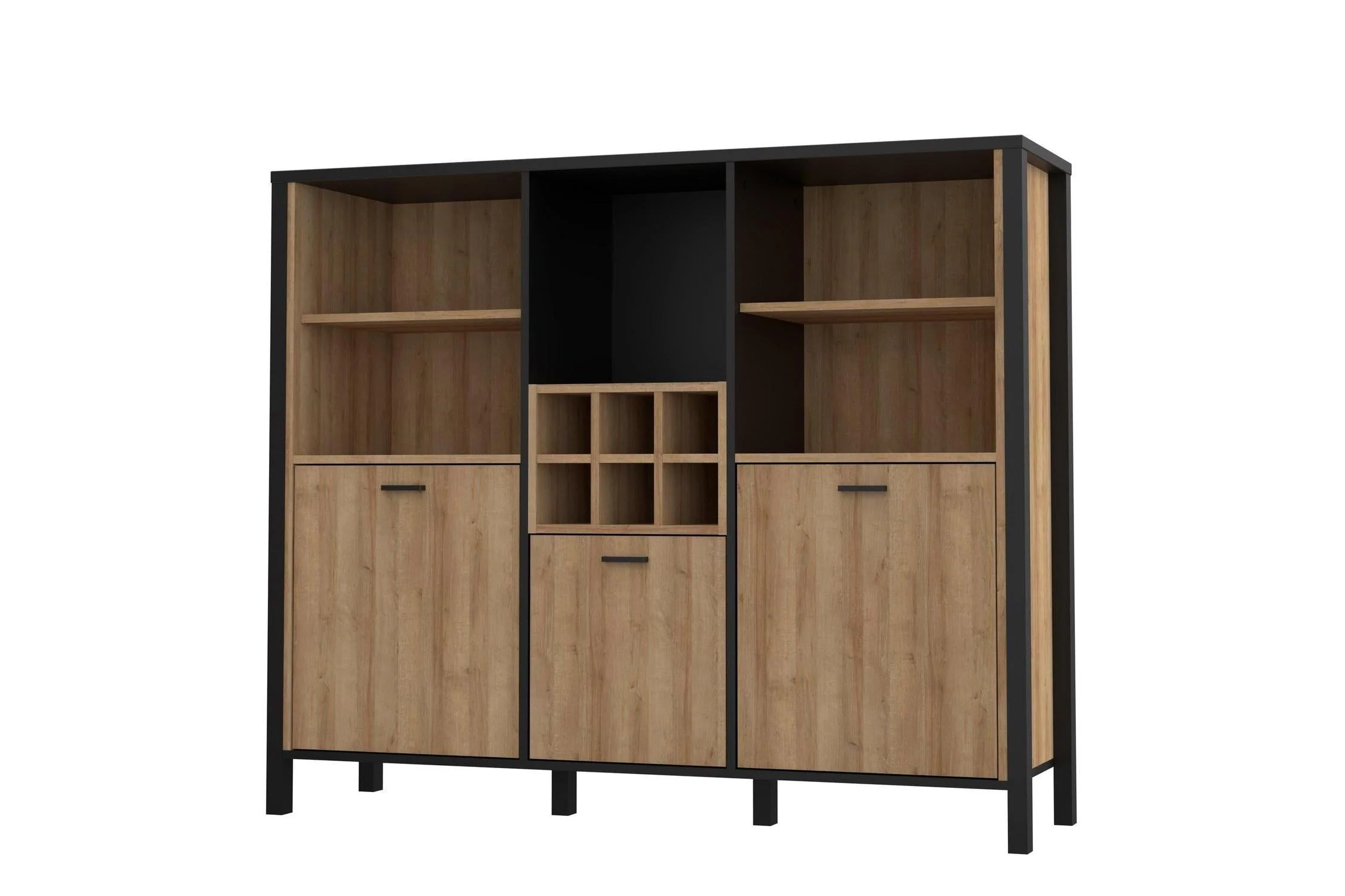 High Rock Wide Shelf Unit in Matt Black/Riviera Oak With 3 Drawers - Image 3