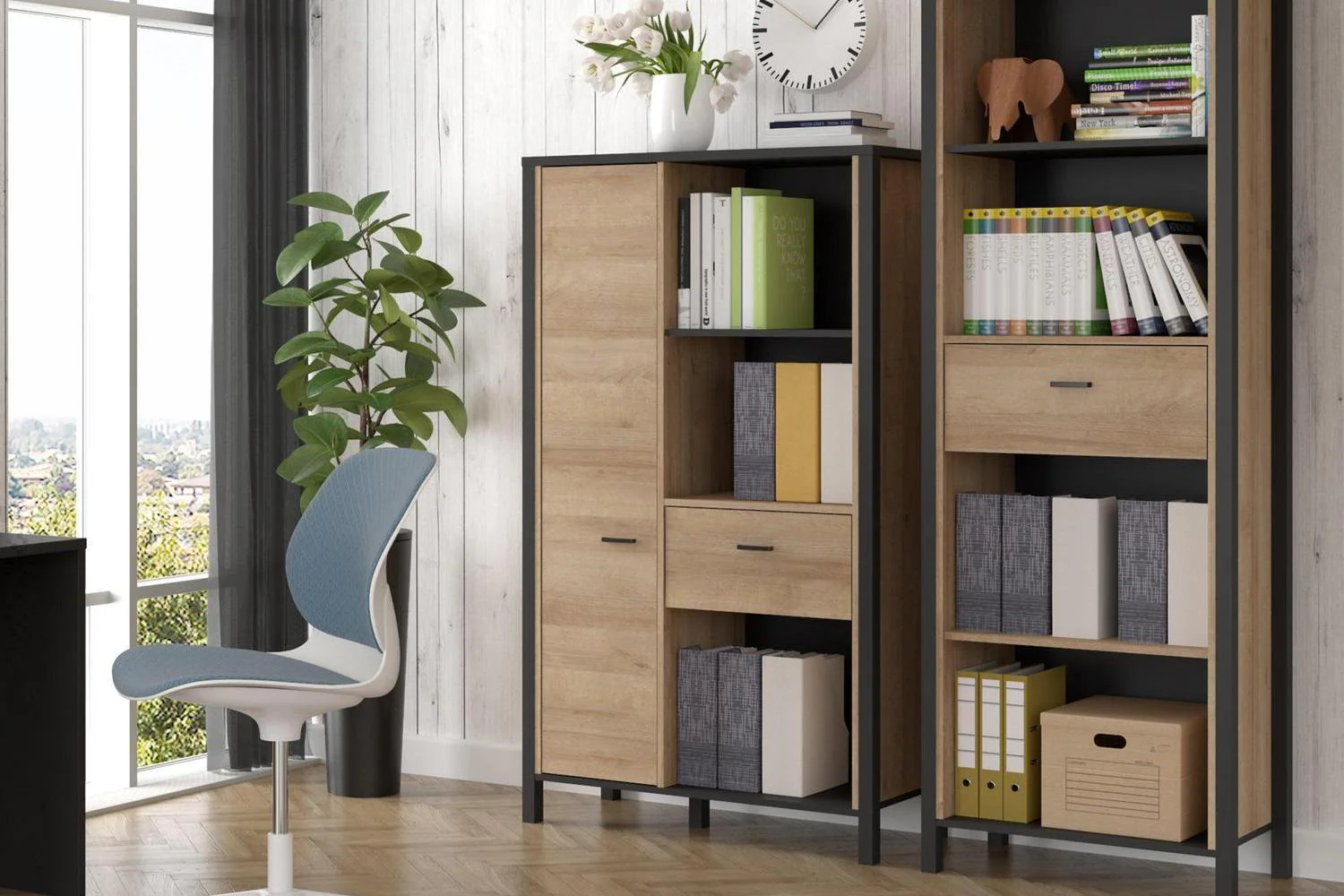 High Rock Wide Shelf Unit in Matt Black/Riviera Oak With 3 Drawers - Image 5