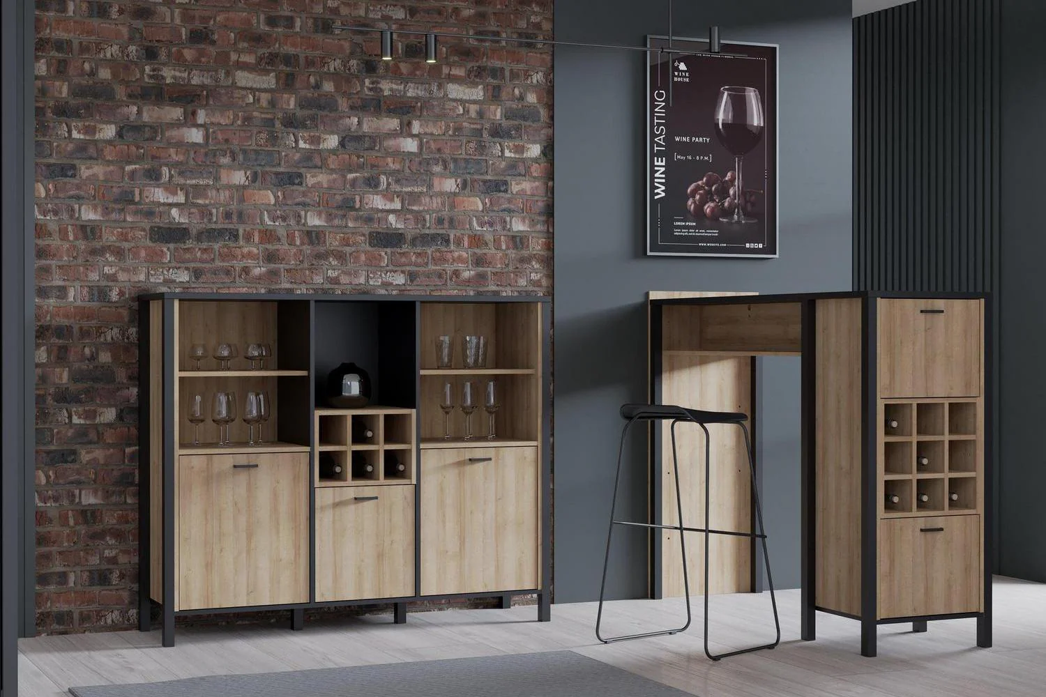 High Rock Wide Shelf Unit in Matt Black/Riviera Oak With 3 Drawers - Image 6