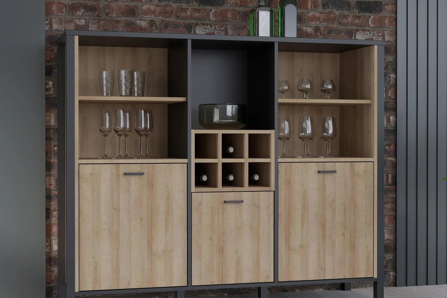 High Rock Wide Shelf Unit in Matt Black/Riviera Oak With 3 Drawers - Image 7