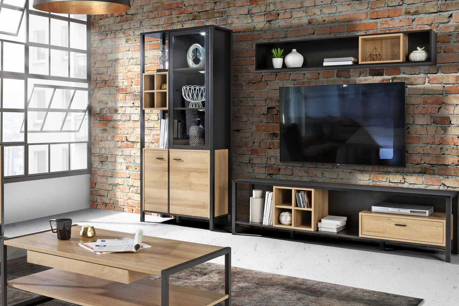 High Rock Wall Shelf In Matt Black/Riviera Oak - Image 5