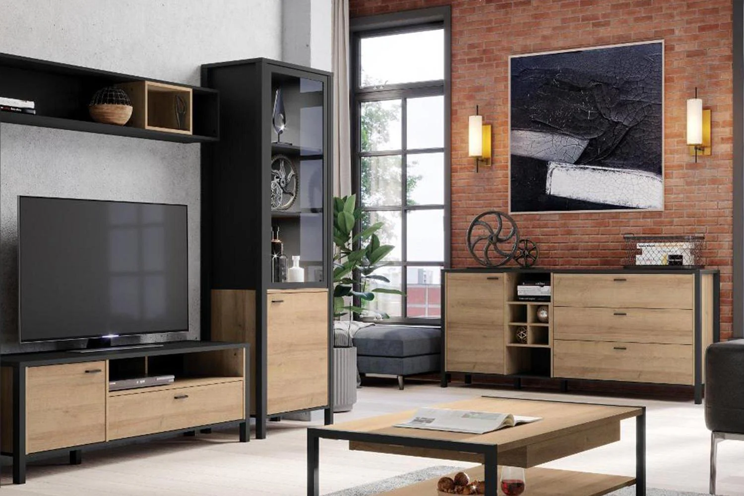 High Rock Wide Display Cabinet In Matt Black/Riviera Oak - Image 7