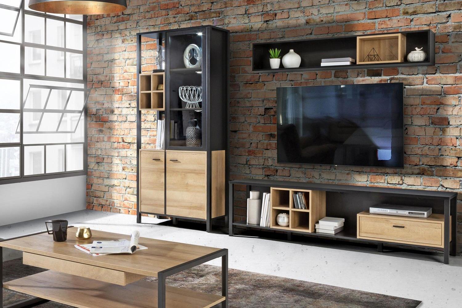 High Rock Wide TV Unit in Matt Black/Riviera Oak - Image 5