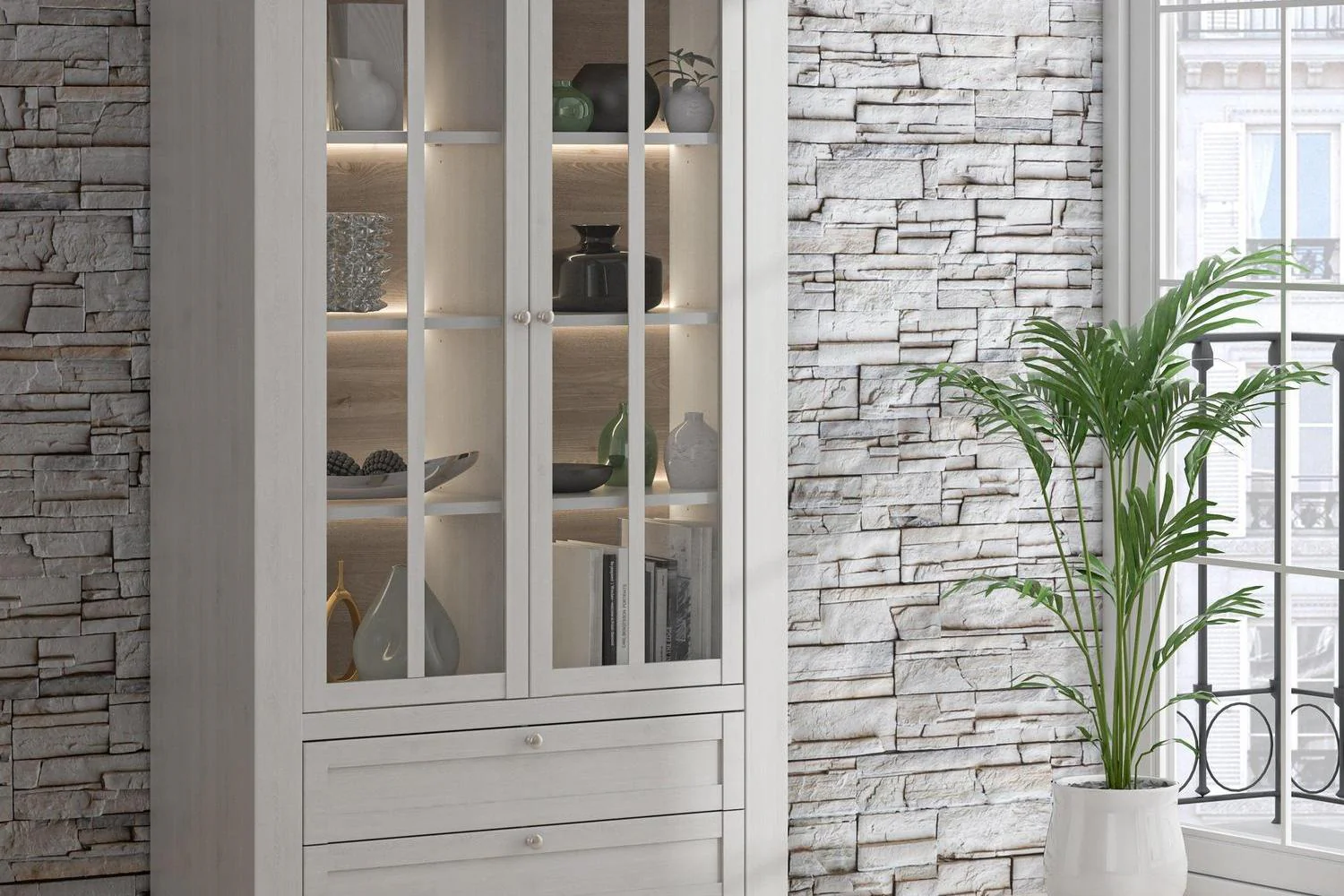 Lopa Display Cabinet In Snowy Oak/Oak Nelson - Image 5