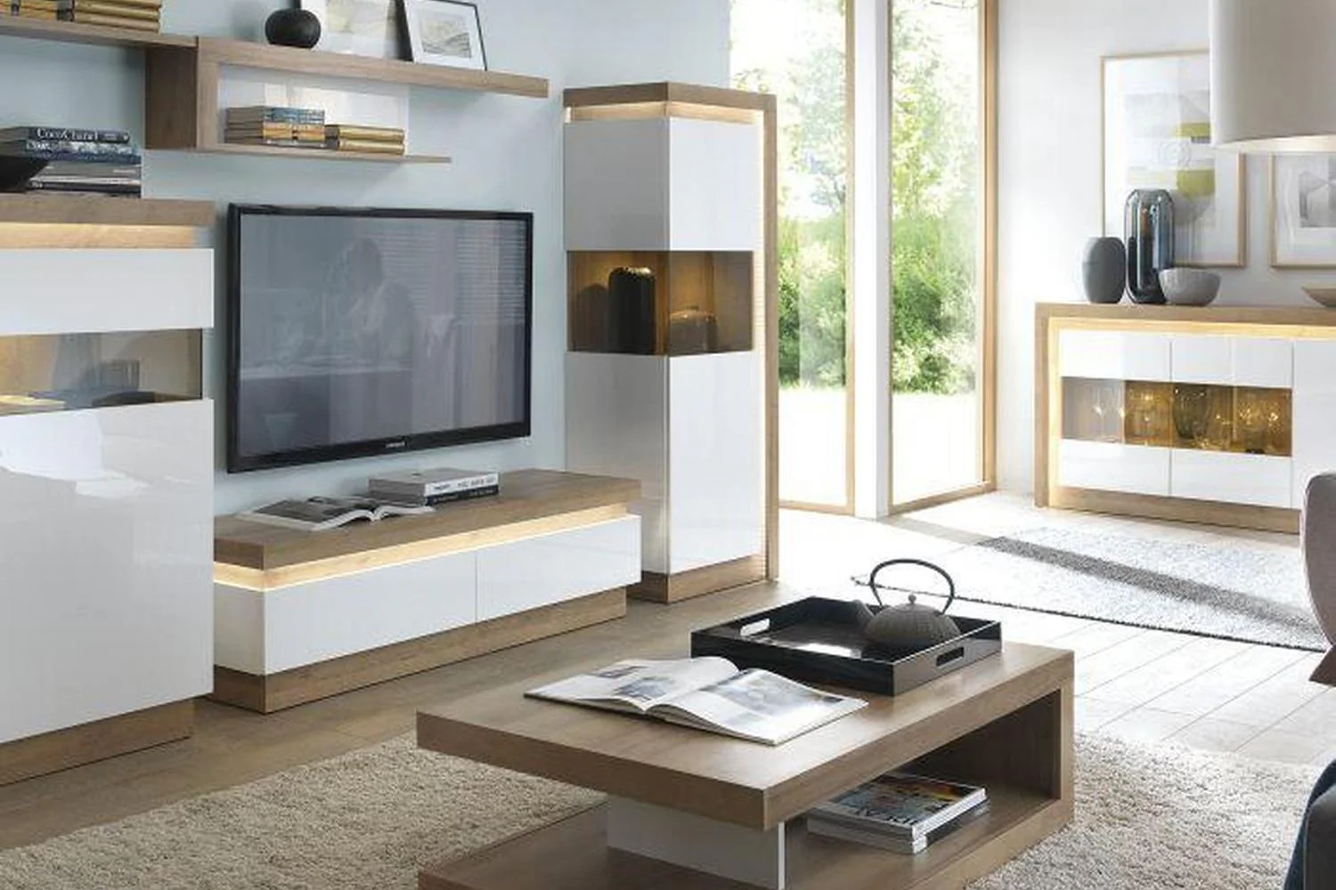 Lyon Express Delivery 2 Drawer TV Unit in Riviera Oak Effect/White High Gloss - Image 3