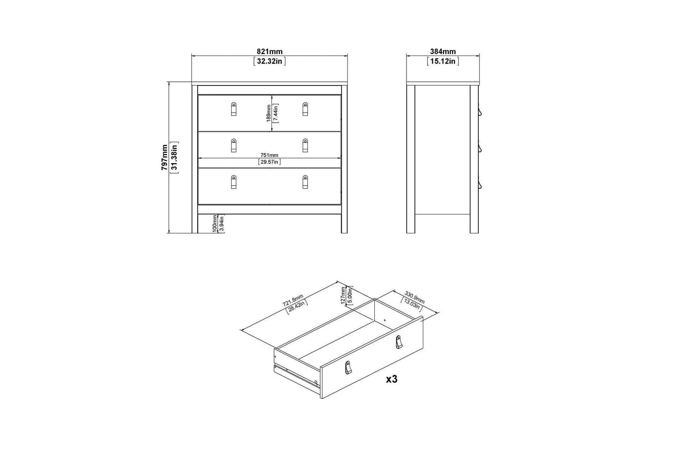 Madrid Chest 3 Drawers In Matt Black - Image 3