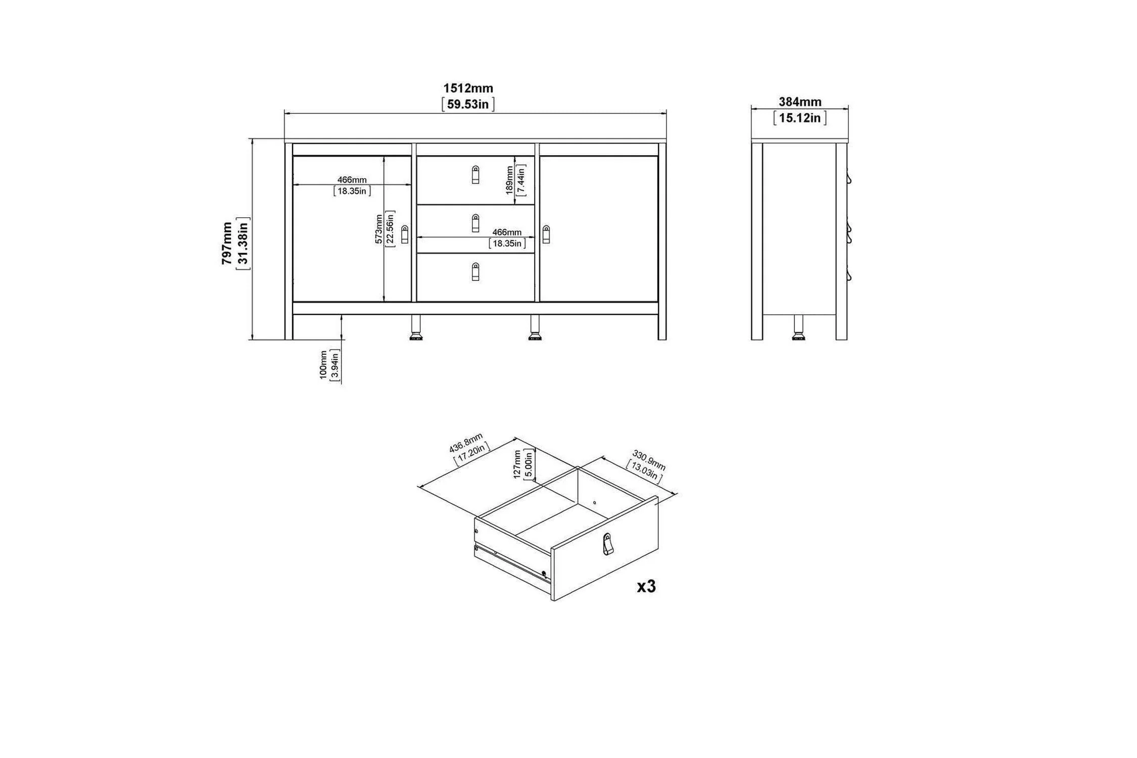 Madrid Sideboard 2 Doors + 3 Drawers In White - Image 2