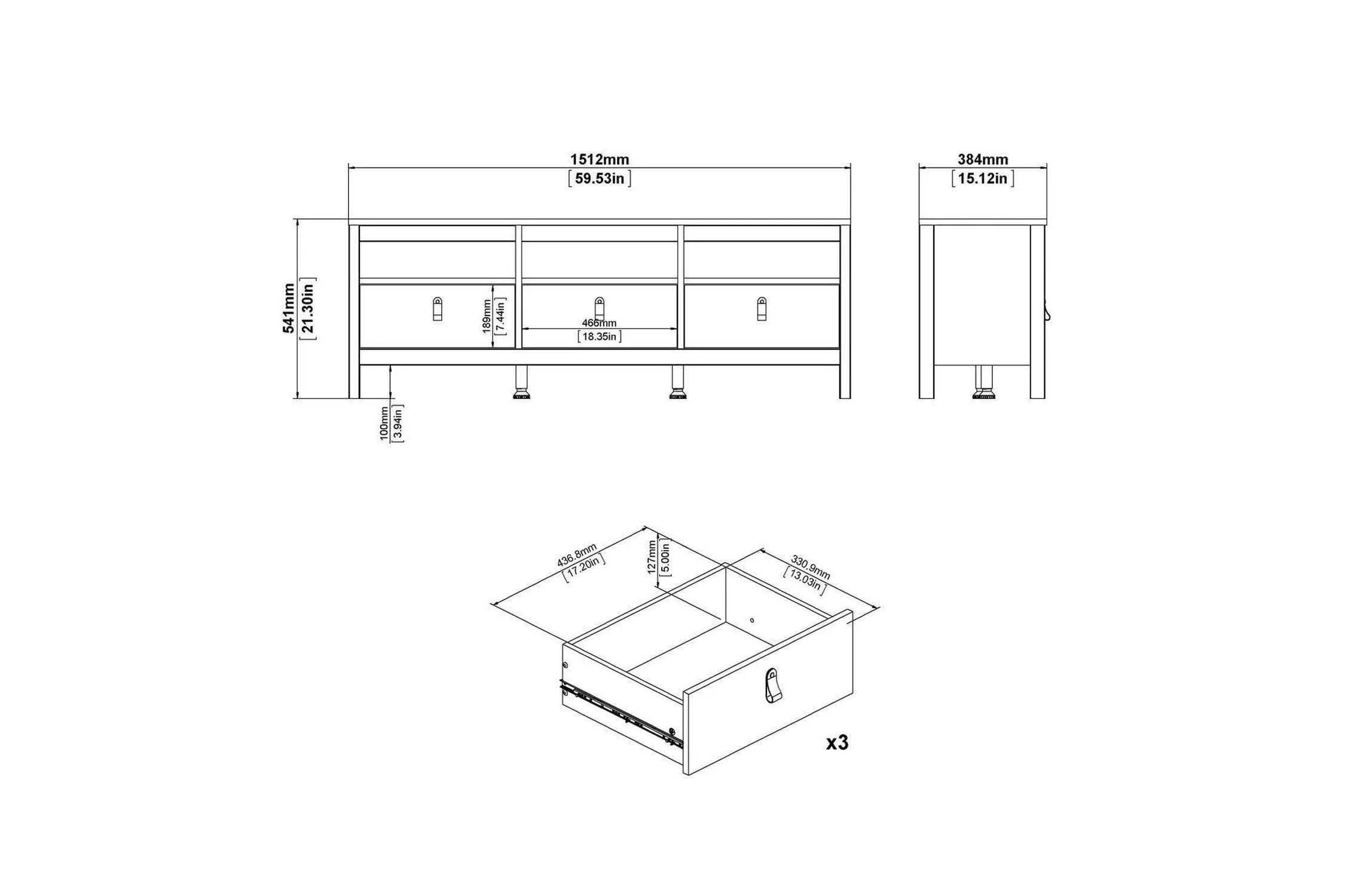 Madrid Tv-Unit 3 Drawers In Matt Black - Image 4
