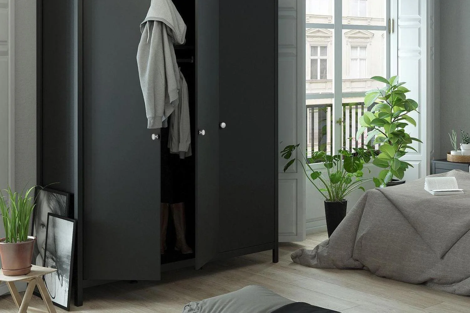 Madrid Wardrobe With 3 Doors In Matt Black - Image 5