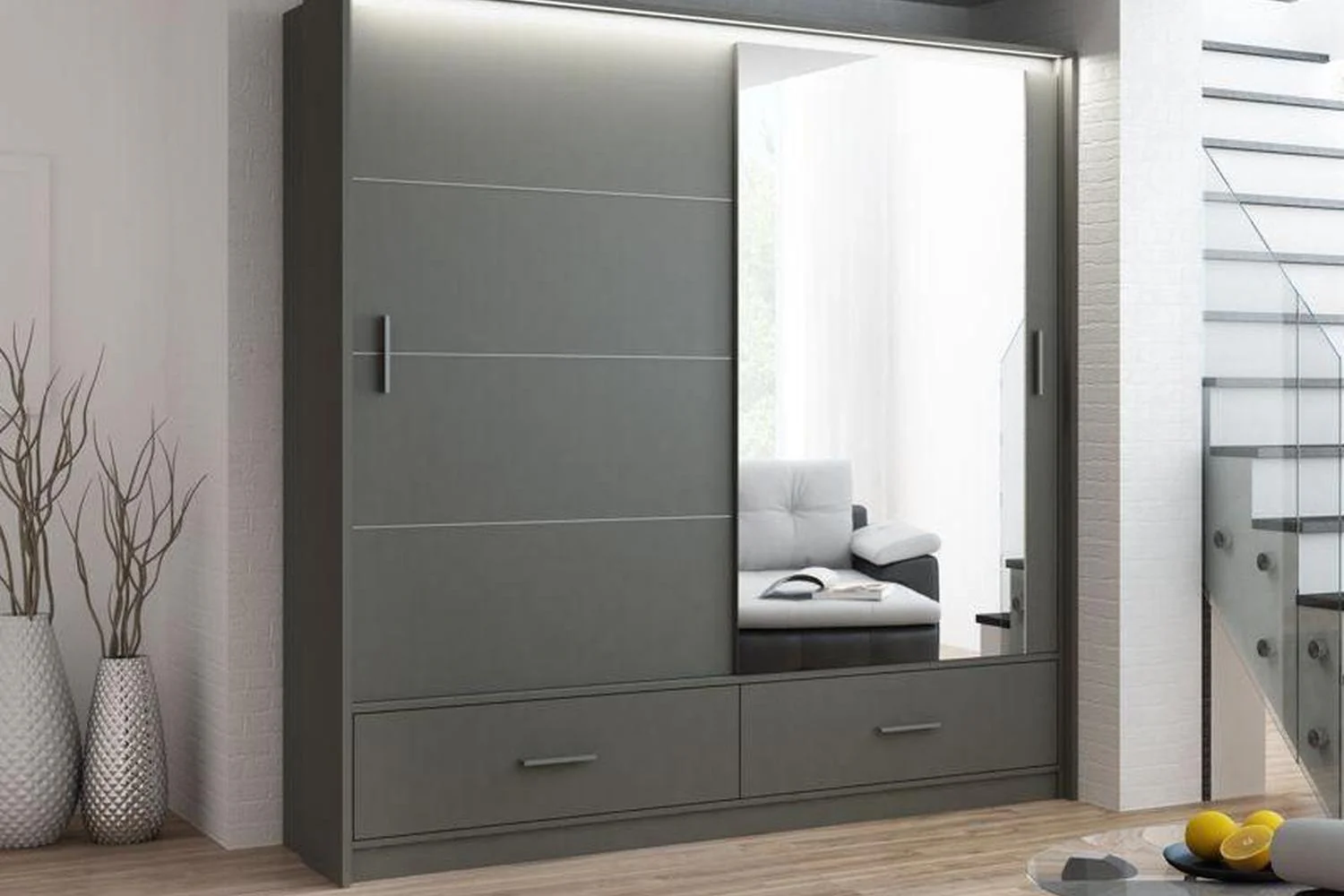 Marsylia 208 Graphite Wardrobe With Mirror