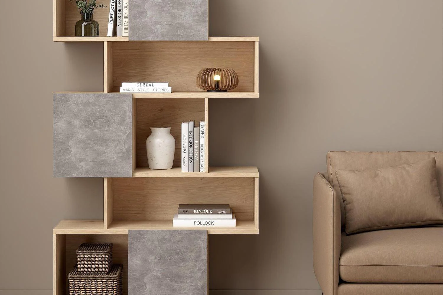 Maze Asymmetrical Bookcase With 3 Doors In Jackson Hickory And Concrete - Image 6
