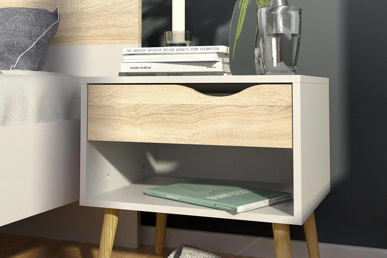 Oslo Bedside 1 Drawer In White And Oak - Image 7