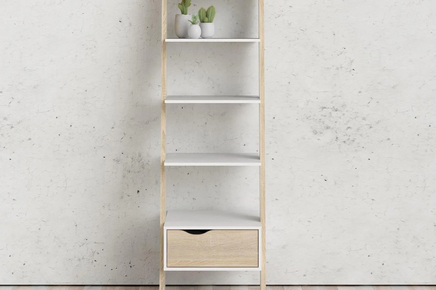 Oslo Leaning Bookcase 1 Drawer In White And Oak - Image 5