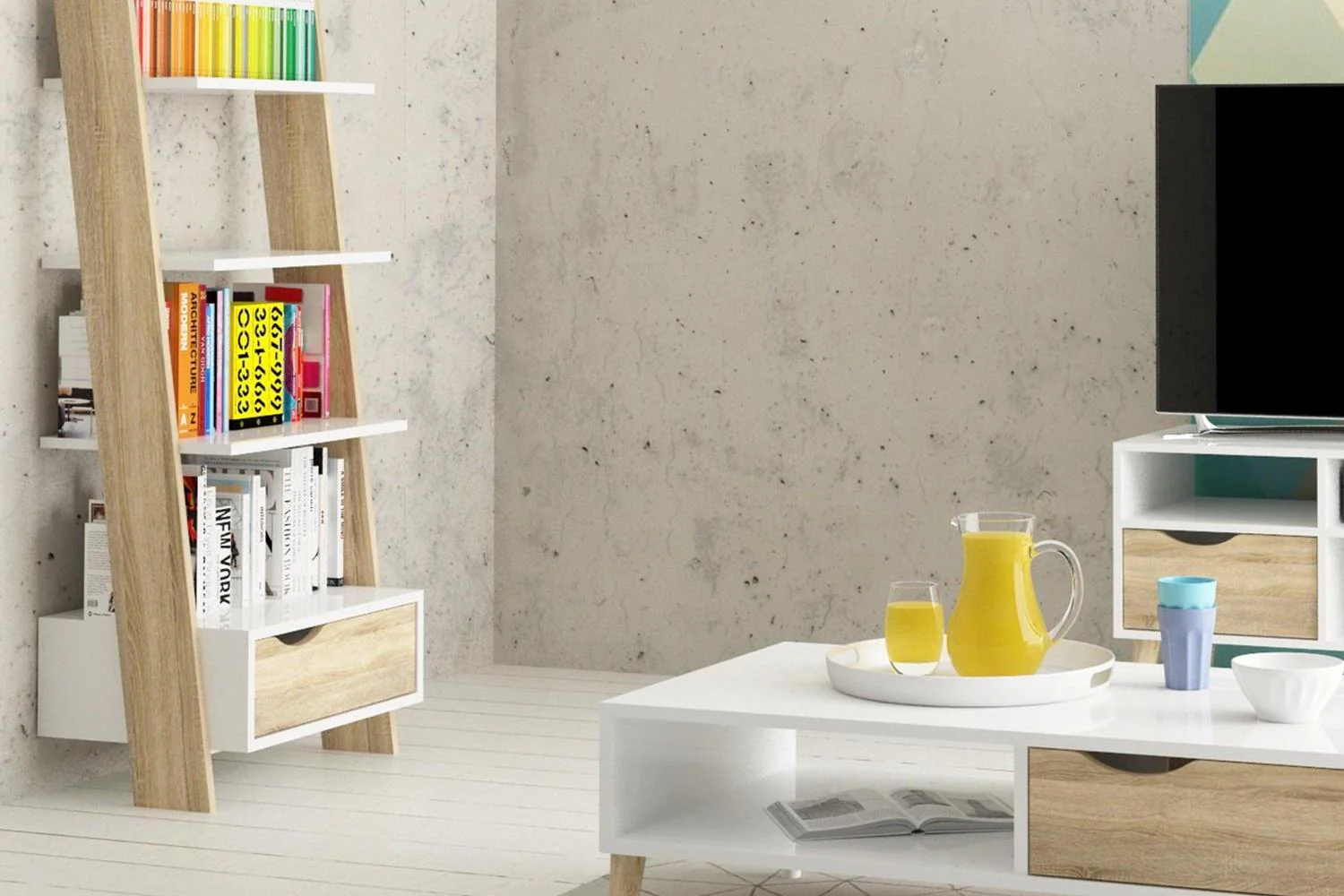 Oslo Leaning Bookcase 1 Drawer In White And Oak - Image 6