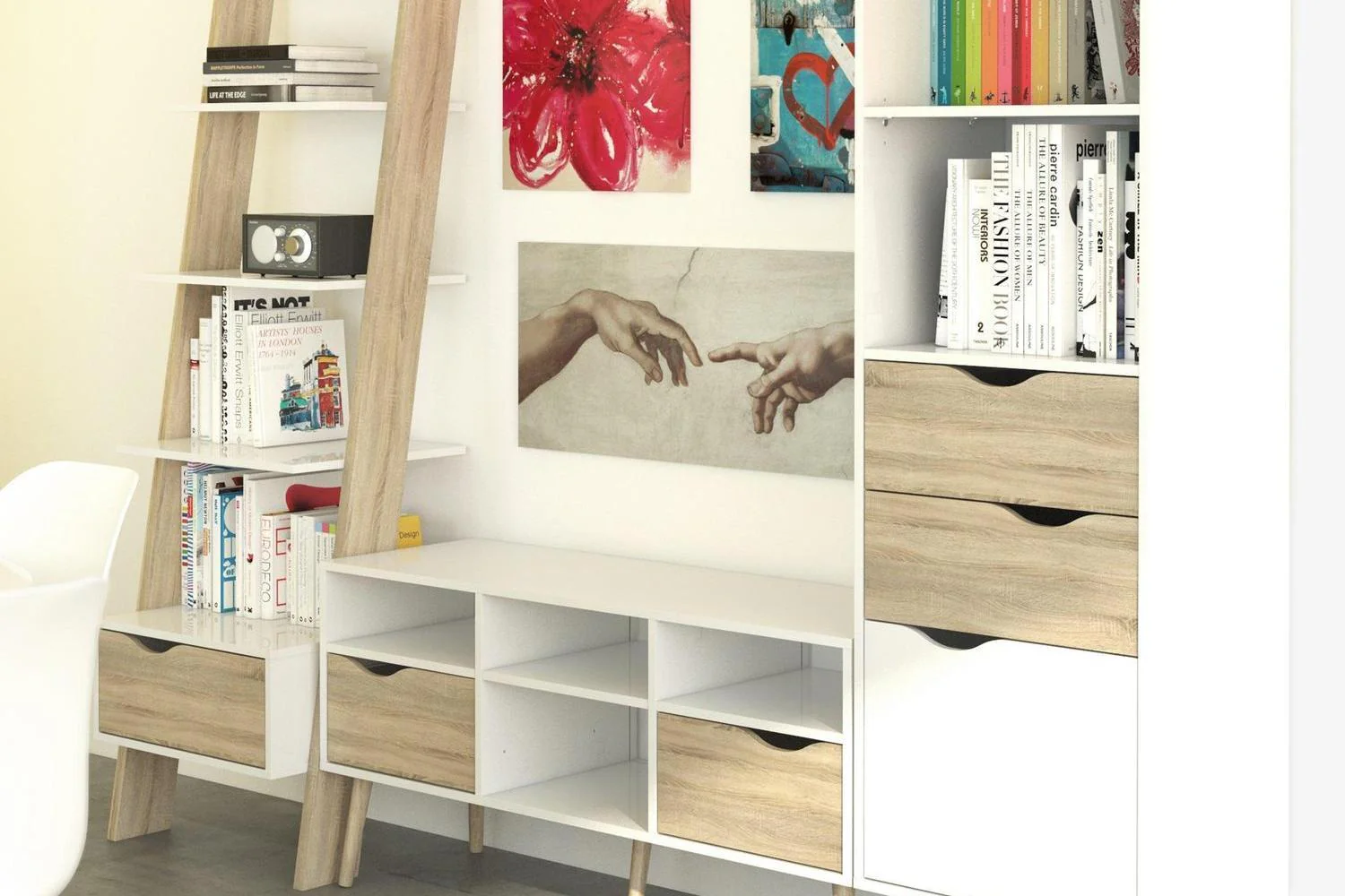 Oslo Leaning Bookcase 1 Drawer In White And Oak - Image 7