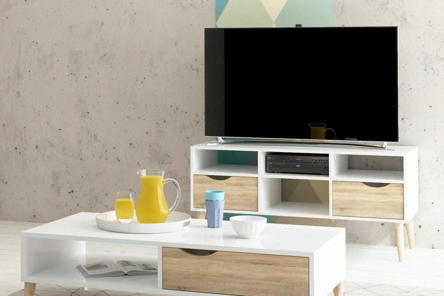 Oslo Tv Unit Wide 2 Drawers 4 Shelves In White And Oak - Image 5