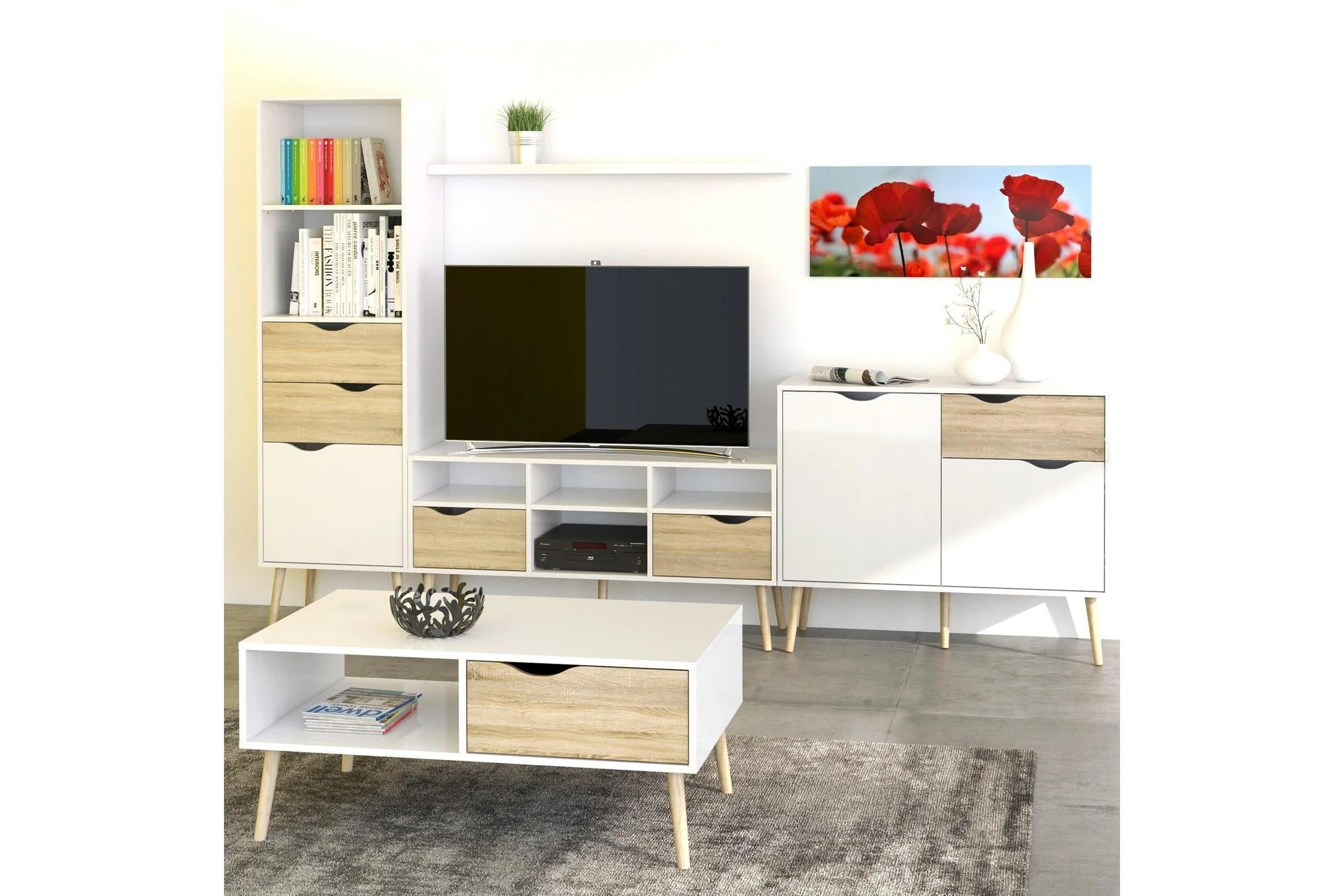 Oslo Tv Unit Wide 2 Drawers 4 Shelves In White And Oak - Image 6