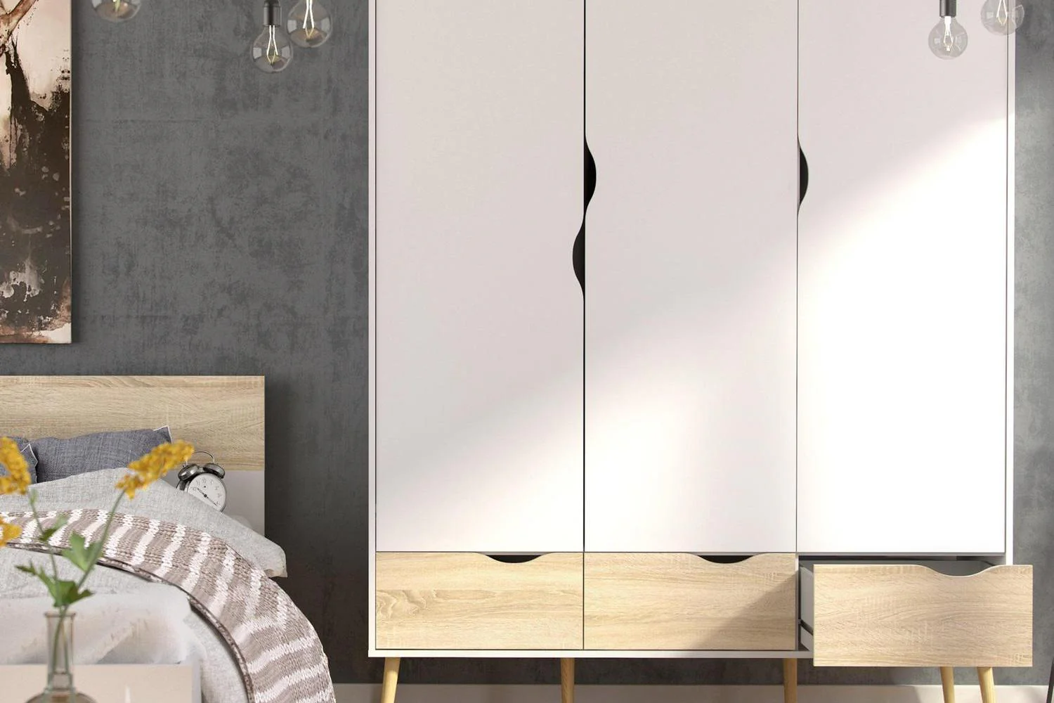 Oslo Wardrobe 3 Doors 3 Drawers In White And Oak - Image 5
