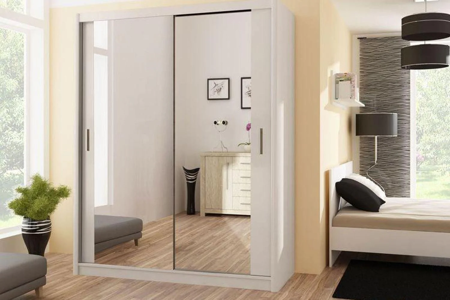 Paris 150 White Sliding Wardrobe With Mirror