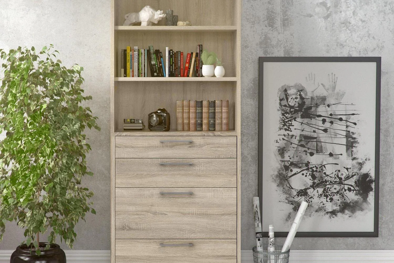 Prima Bookcase 2 Shelves With 2 Drawers 2 File Drawers In Oak - Image 4