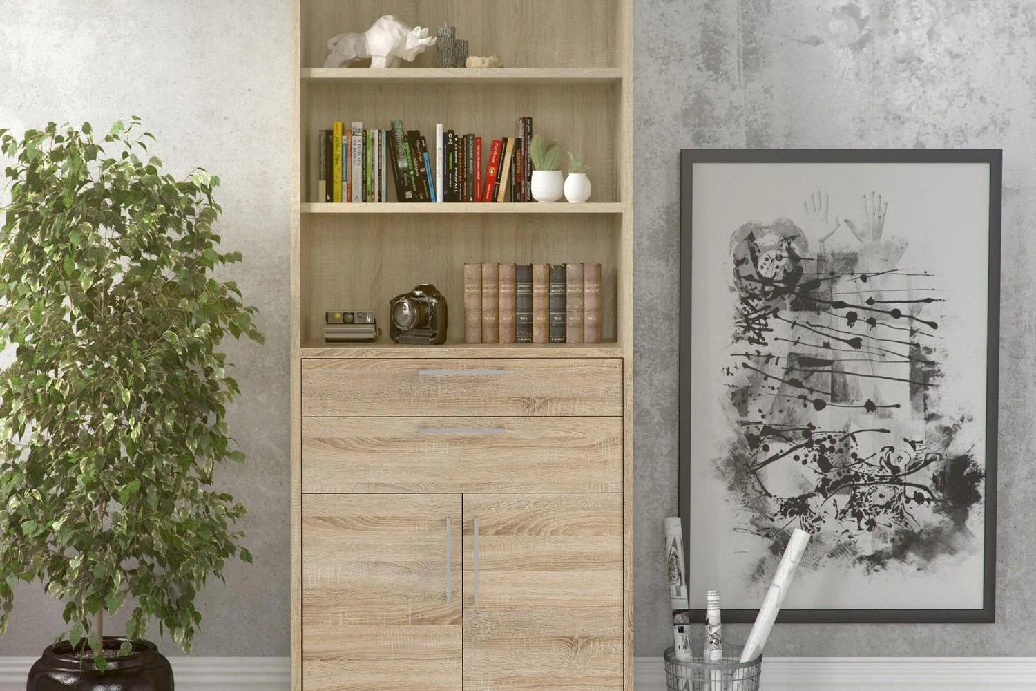 Prima Bookcase 3 Shelves With 2 Drawers 2 Doors In Oak - Image 6