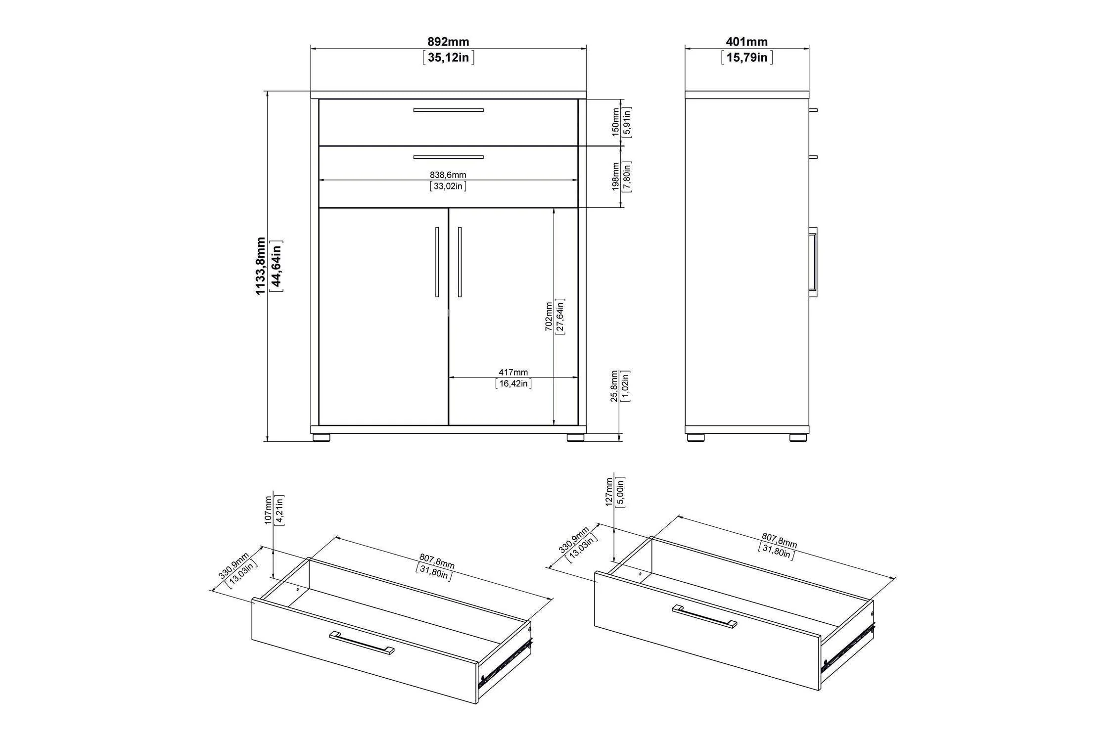 Prima Bookcase 3 Shelves With 2 Drawers 2 Doors In White - Image 11