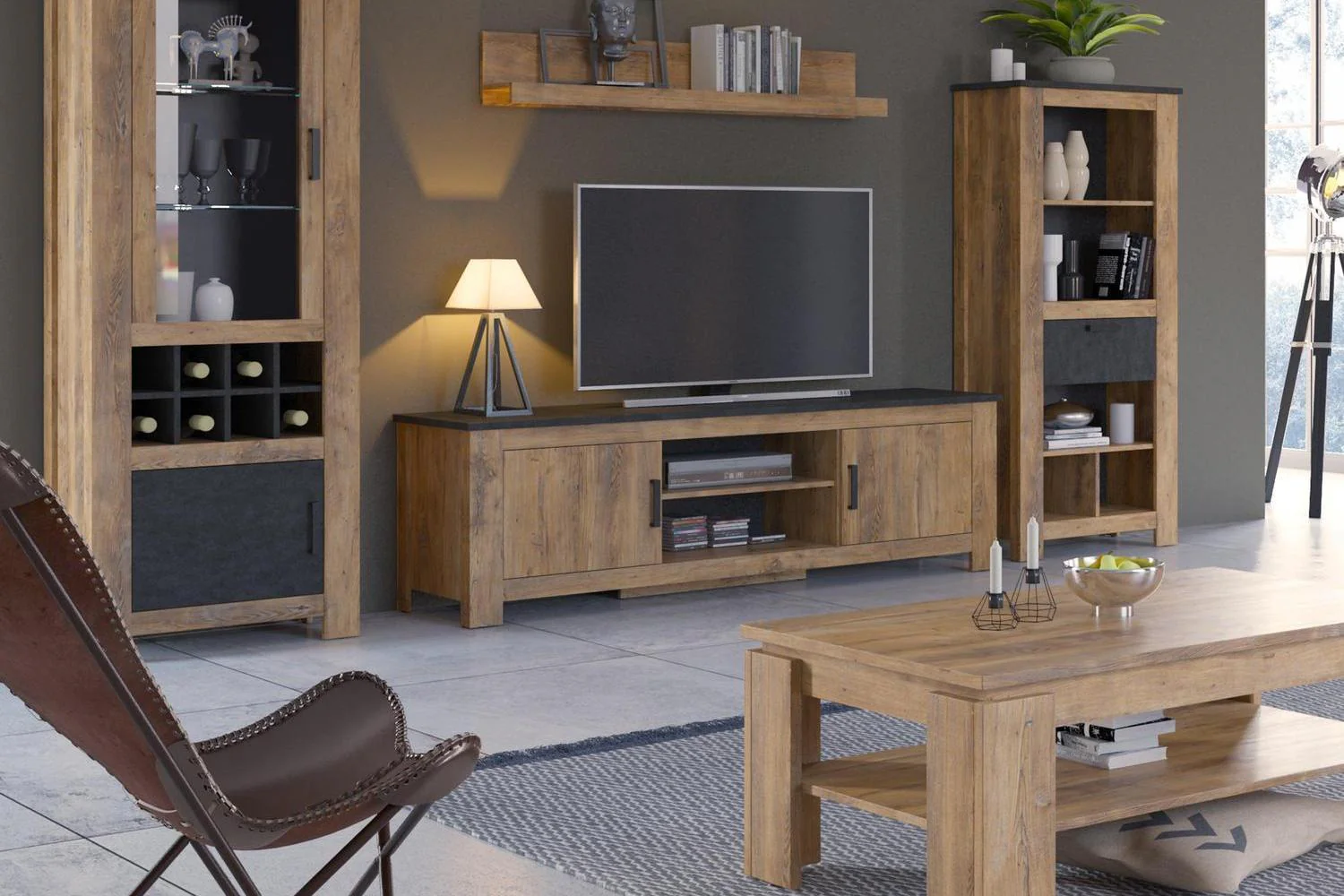 Rapallo 2 Door 189cm Wide Tv Cabinet In Chestnut And Matera Grey - Image 4