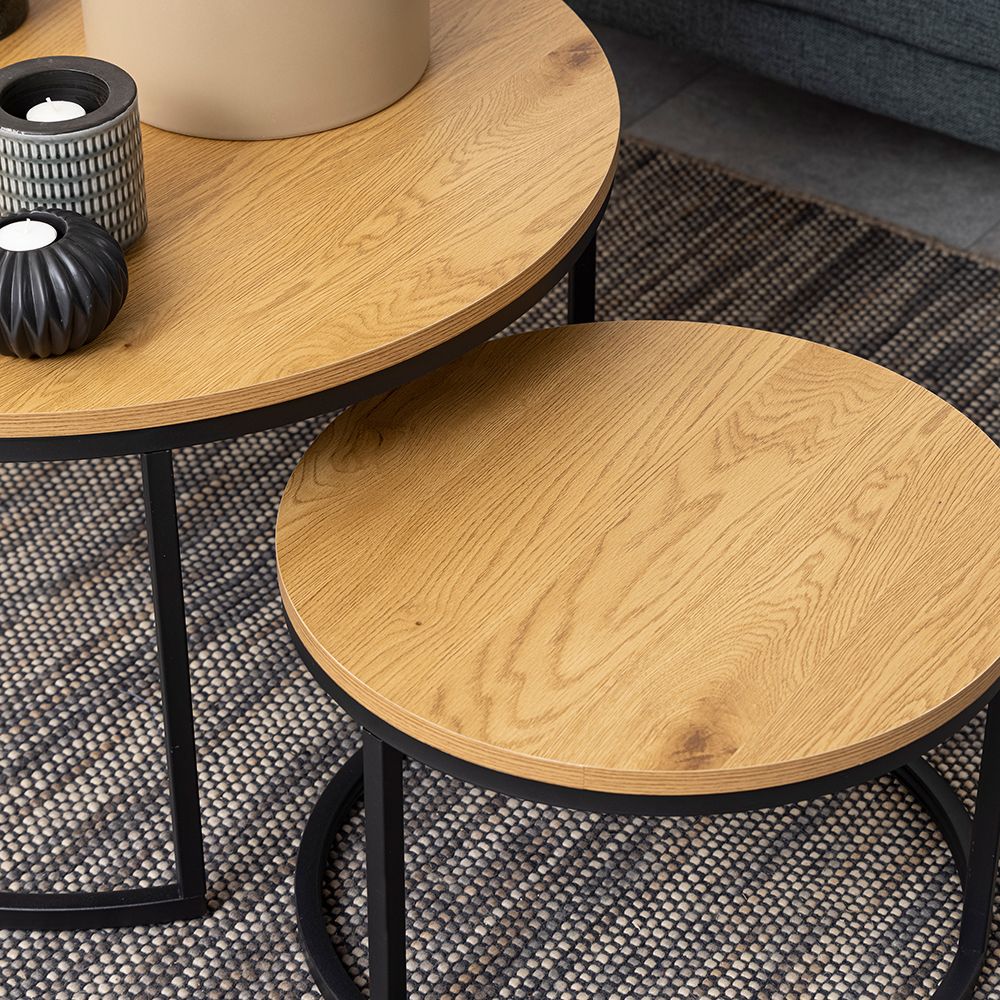 Spiro Express Delivery Round Coffee Table Set with Oak Top & Black Legs - Image 3